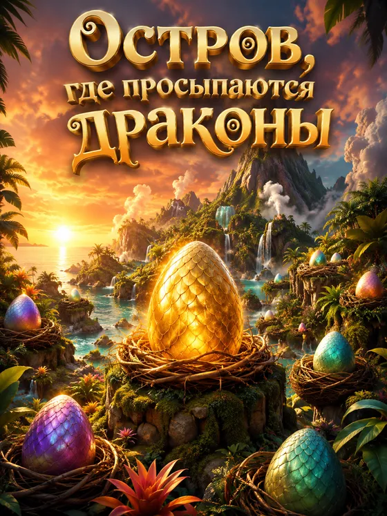 Обложка книги «Остров, где просыпаются драконы»: золотое яйцо в гнезде на тёплом острове
