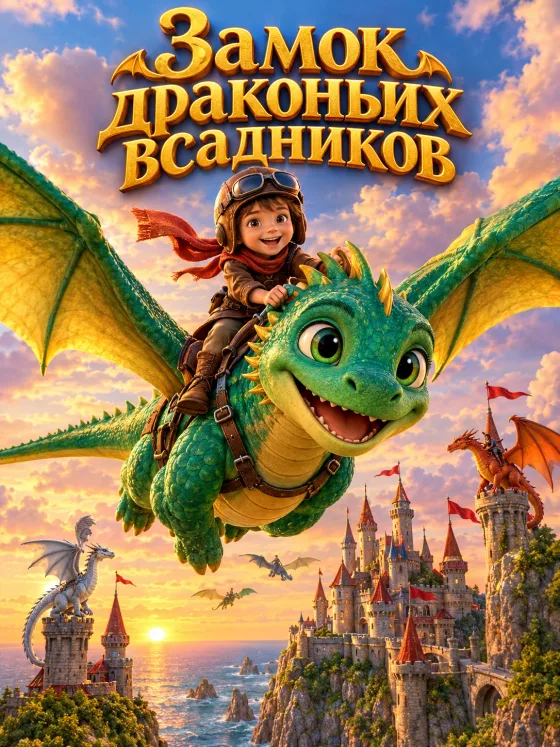 Обложка книги «Замок драконьих всадников»: ребёнок в лётном шлеме летит на драконе над замком у моря